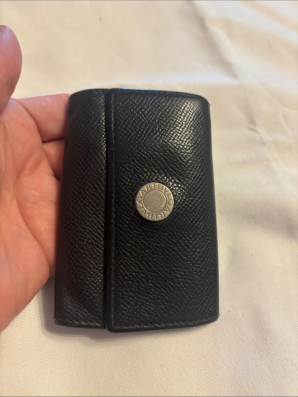 Bulgari Black Leather Key & Card Holder with Silver Tone Logo Button - Picture 14 of 16